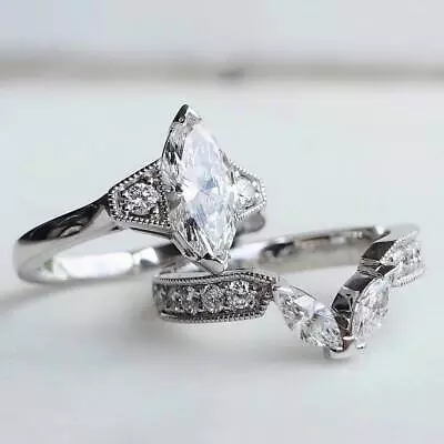 1Ct White Marquise Cut CZ Engagement Wedding Ring Set Solid 925 Sterling Silver • $117.30