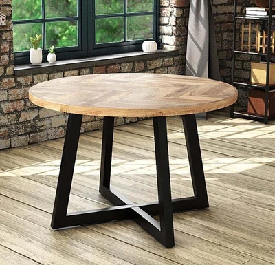 £349.95 • Buy Round Solid Mango Wood Dining Table | Herringbone Design - 120cms