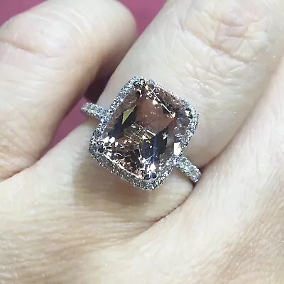 14k WHITE GOLD HALO DIAMONDS AND RADIANT SHAPE ENGAGEMENT MORGANITE RING #2400 • $1250