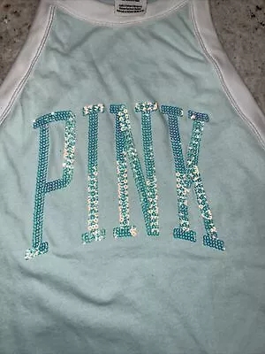 VS Victorias Secret PINK Tank Top Logo Sequins Sz S  Aqua High Neck Yoga Dance • $5