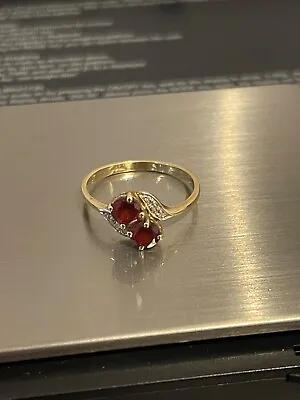 9ct Yellow Gold QVC Garnet & Diamond Cross Over Ring Hallmarked Size O 1/2 2g • £109