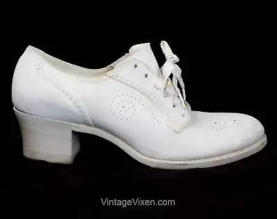 White 1930s Shoes - Size 6.5 30's Oxfords With Lace Up & Piercing - 1930s 1940s • $119.99