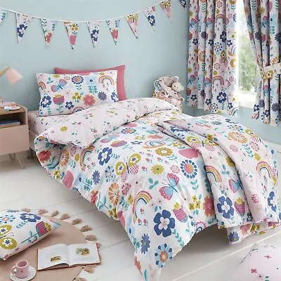 Girls Boys Kids Flower Garden Reversible Duvet Cover Bedding Curtains • £9.99