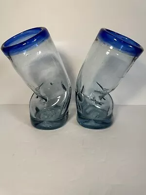 Mexican Hand Blown Set Drunken Glasses Bent Glass Whimsical Fun Cobalt Blue • $28