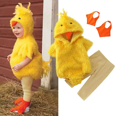 Infant Boys Girls Cosplay Chicken Animal Costume Winter Fleece Hooded Romper • £18.94