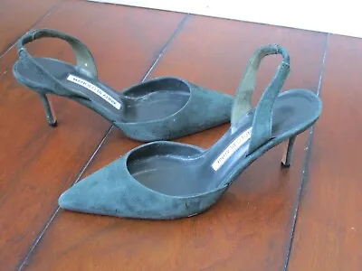 Manolo Blahnik Carolyne Pointed Toe Slingback Shoes Forest Green Suede Size 35 • $148.99