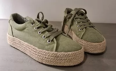 EOS Canvas Espadrille Lace Up Green Flatform Sneakers 38 Near New EC  • $49