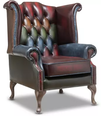 FAST DELIVERY Chesterfield Highback Queen Anne Chair Antique Patchwork Leather • £699.99