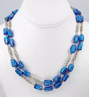Nice Vintage Art Deco Bohemian Venetian Blue Foiled Glass Bead Filigree Necklace • $39