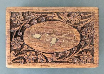 Vintage Jewelry Trinket Box Carved Wood Floral Design Made In India 6x4x2.5 • $11