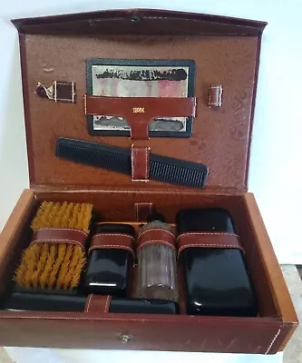 Vintage Swank Men's Travel Grooming Kit Brown Top Grain Leather Snap Closure • $16.99