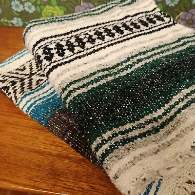 £14.99 • Buy 2x Small Green & Blue Mexican Woven Stripy Falsa Yoga  Blanket / Throw