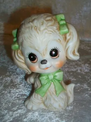 Bisque Porcelain Vintage Green Ribbon Pigtail Poodle Puppy Dog Figurine Japan • $19.60