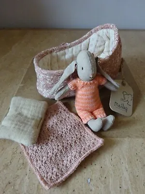 Maileg Micro Bunny Rabbit In Pink Carry Cot In Peach Outfit BNWT • £25