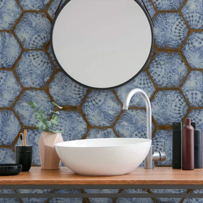 £3 • Buy Full Tile Sample: Catalania Marine Blue Hexagon Porcelain Wall & Floor Tiles