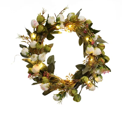 £9.95 • Buy Outdoor Front Door Farmhouse Wreath Rose Flower LED Spring Summer Round Garland