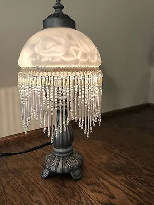 Vintage Frosted Glass “With Roses” Mini Dome Table Lamp With Beaded Fringe • $65