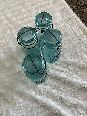 Vintage Ball Ideal Mason  Jar Pint Aqua Glass Wire Bail Lid 4-pack • $40
