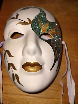 Porcelain Mardi Gras Mask 7.5” X 5” Gold And Green Glitter Peacock Beautiful  • $13.99