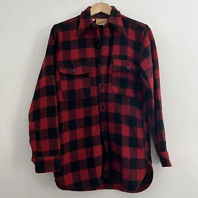 Vintage 40s 50s Red Black Buffalo Plaid Wool Flannel Shirt Medium Buck Skein Joe • $34.95