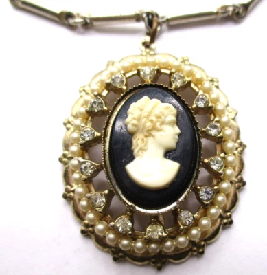 $17 • Buy Coro Vtg Pegasus Silver Tone B  W Cameo Rhinestones Faux Pearl Pendant Necklace