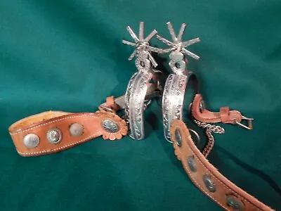 Silver Inlaid/embossed  Mexican Charro Spurs/ Heel Chains/leather Straps • $210