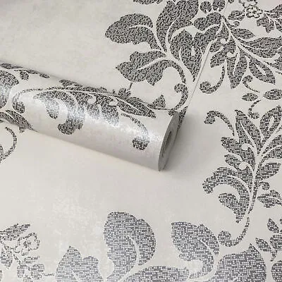 Fine Decor - Cream Champagne & Pewter Silver Floral Damask Feature Wallpaper • £7.99