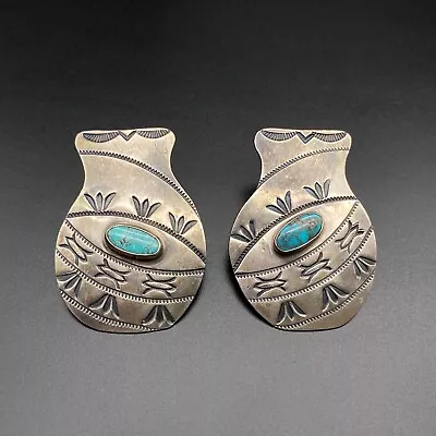 Vintage Navajo Turquoise Vase Hand Stamped Silver Earrings • $185