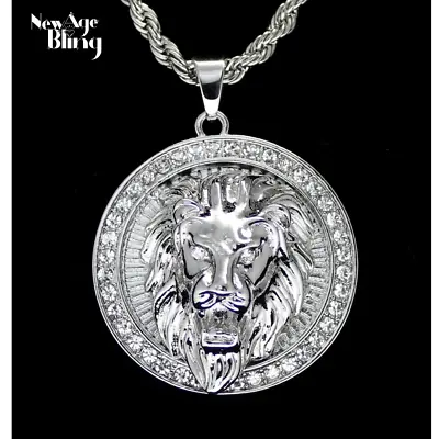 Mighty Lion Mens Iced Cz Round Pendant 24  Chain Silver Plated Hip Hop Jewelry • $8.49
