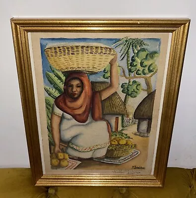 Woman With Fruits Baskets Watercolor  Teyer Mexican In Miguel Covarrubias Style • $100