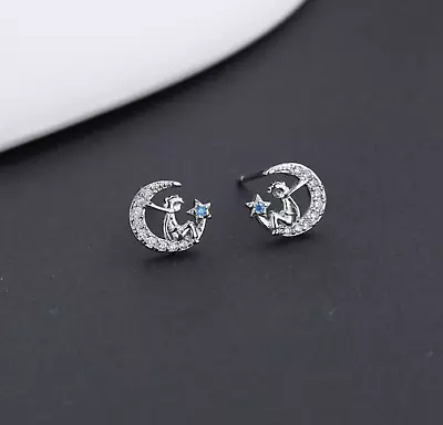$8.99 • Buy Silver Moon Prince Blue Star Pave Cubic Zirconia Earrings Stud