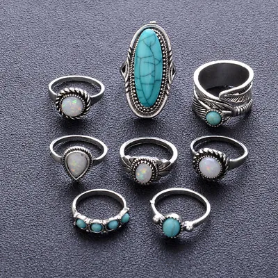 £3.59 • Buy 8PCS SET Vintage Boho Tribal Ethnic Turquoise Ring Hippie Gothic Jewelry Set