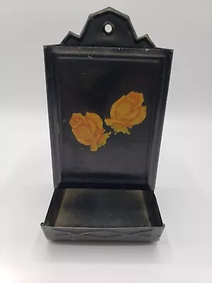 Vtg Metal Tin Wall Hanging Match Holder Dispenser Black With Roses • $6.59