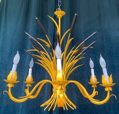 1970s Vintage Hollywood Regency 6 Arm River Reed Chandelier • $280