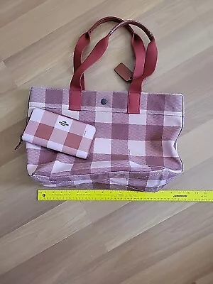 COACH Buffalo Plaid Red Pink Tote F25919 Canvas Bag With Wallet • $110