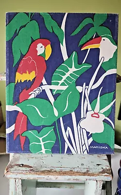 VTG MCM Rare 11 X 14 Marushka Parrot Macaw Screen Print Canvas Linen Textile Art • $35.99