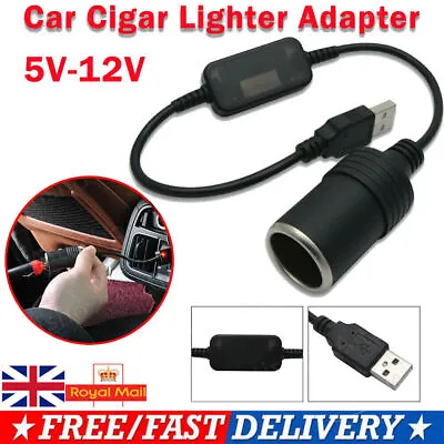 5V USB Male To Female 12V Socket Car Cigarette Lighter Converter Adapter Black • £5.66