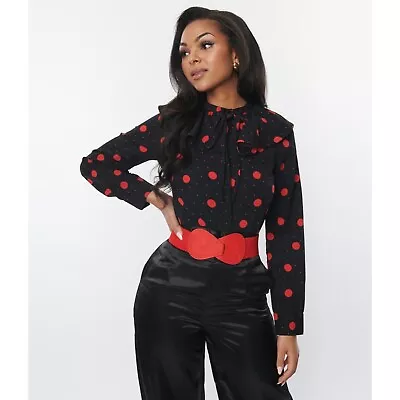 Timeless London Unique Vintage Black Red Polka Dot Ruffle Collared Blouse US 8 • $21.24