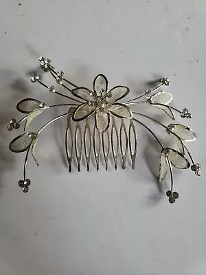 Vintage Silver Tone Bridal Hair Comb Mesh Flowers With Rhinestones • $9.99