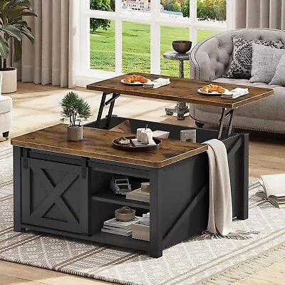 Lift Top Coffee Table With Sliding Barn Door &Storage Shelf Square Coffee Table • $169.97