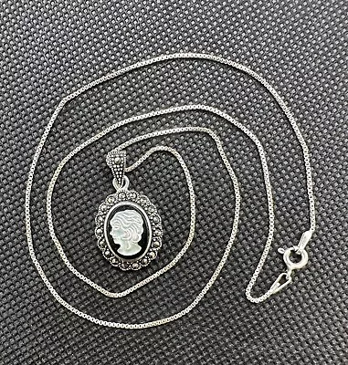 Sterling Silver Mother Of Pearl Cameo & Marcasite Pendant W/Box Link Chain 18” • $19.95