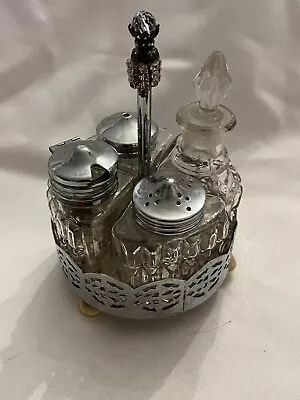 5 Piece Antique Victorian Silver Plate & Glass Condiment Cruet Set W/jeweled Top • $22