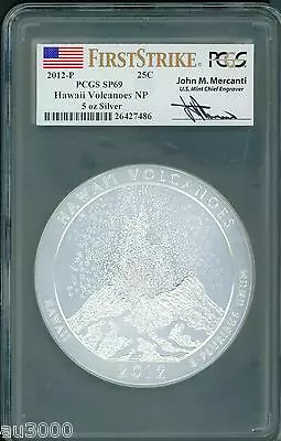 2012-p Hawaii Volcanoes Np Atb 5 Oz. Silver Pcgs Sp69 First Strike John Mercanti • $999