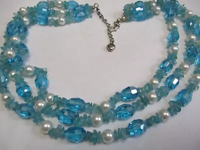 Vintage  Multi 3 Strand Blue CRYSTAL AQUAMARINE Gemstone Pearl  Beaded Necklace • $16.99