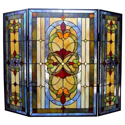Stained Glass Decorative 3-Panel Fireplace Screen Tiffany Style Victorian Theme • $279.77