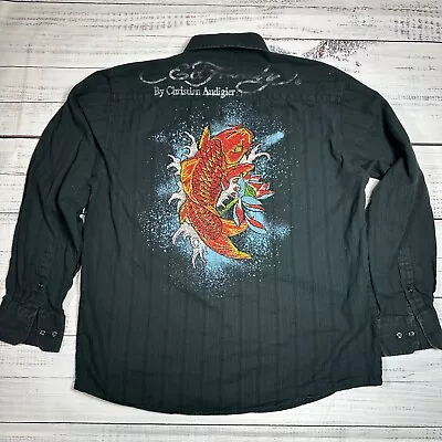 Ed Hardy Koi Fish Print Long Sleeve Button Front Shirt Sz M Black Collar Stones • $84.99