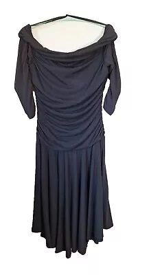 Melissa Masse Boat Neck MIDI RUCHED Witchy Goth Jersey Knit FULL Dress WOMN Sz L • $39.99