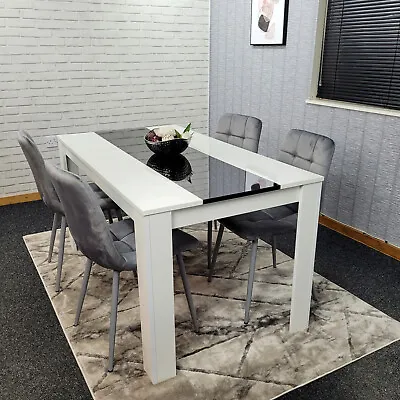 Kitchen Dining Table And 4 Chairs Wooden White Table Tufted Velvet Grey Chairs • £229.99