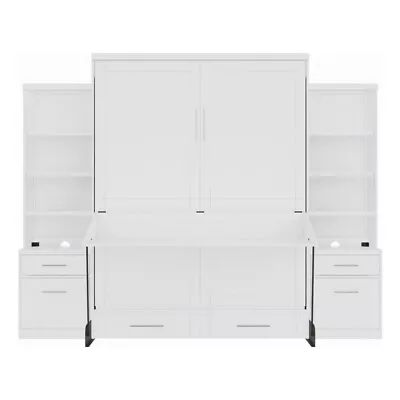 Pemberly Row Queen Solid Wood Murphy Desk Bed - 2 Storage Piers - White • $3475.51