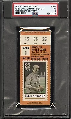 $599.99 • Buy 1988 Notre Dame Miami  Catholics Vs Convicts  Football Ticket Stub PSA 1 Pop2